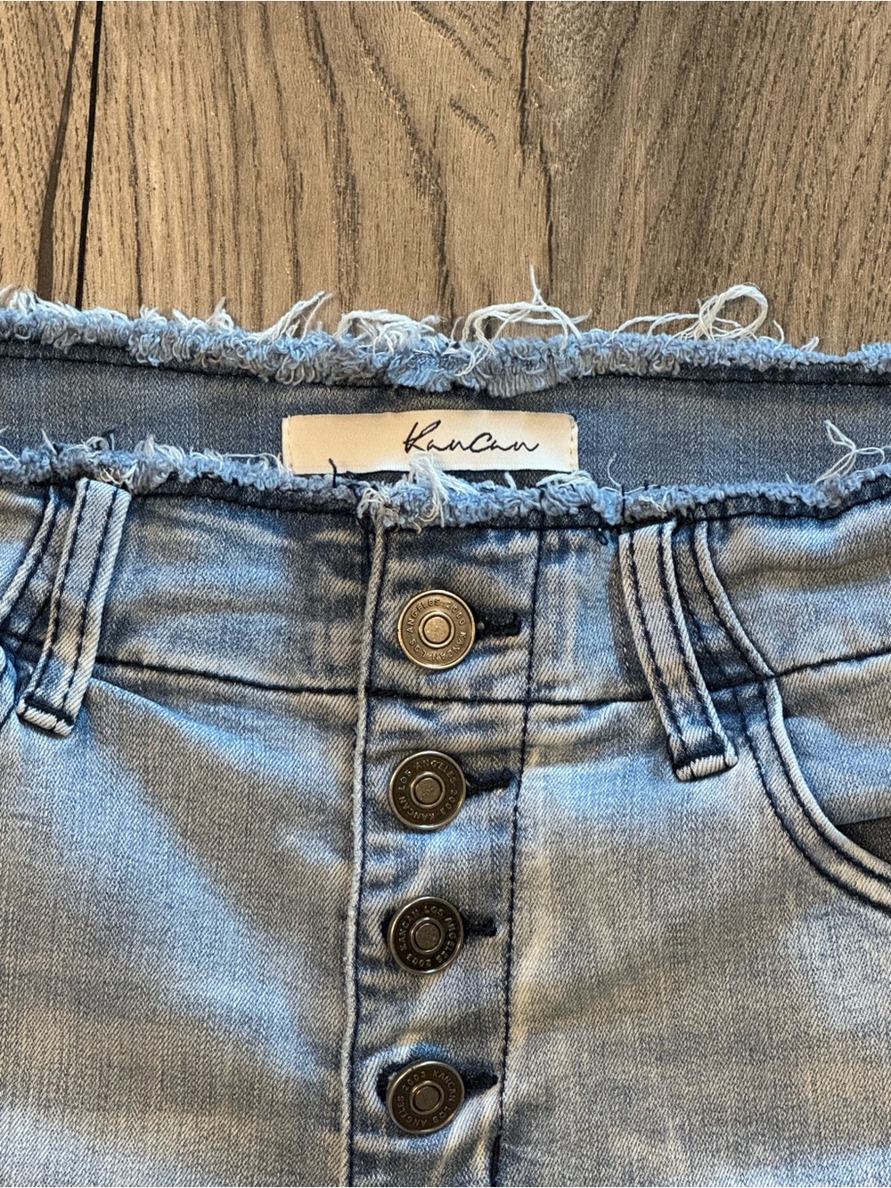 KanCan High Rise Button Fly Distressed Denim Shorts Raw Hem Size L - Picture 3 of 10